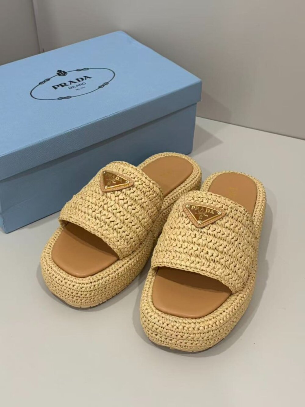 Prada Natural Raffia Platform Slide Sandals